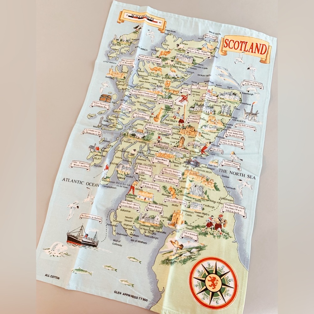 Glen Appin Tea Towel Scotland Map of Landmarks and Cities Kitchen Decor